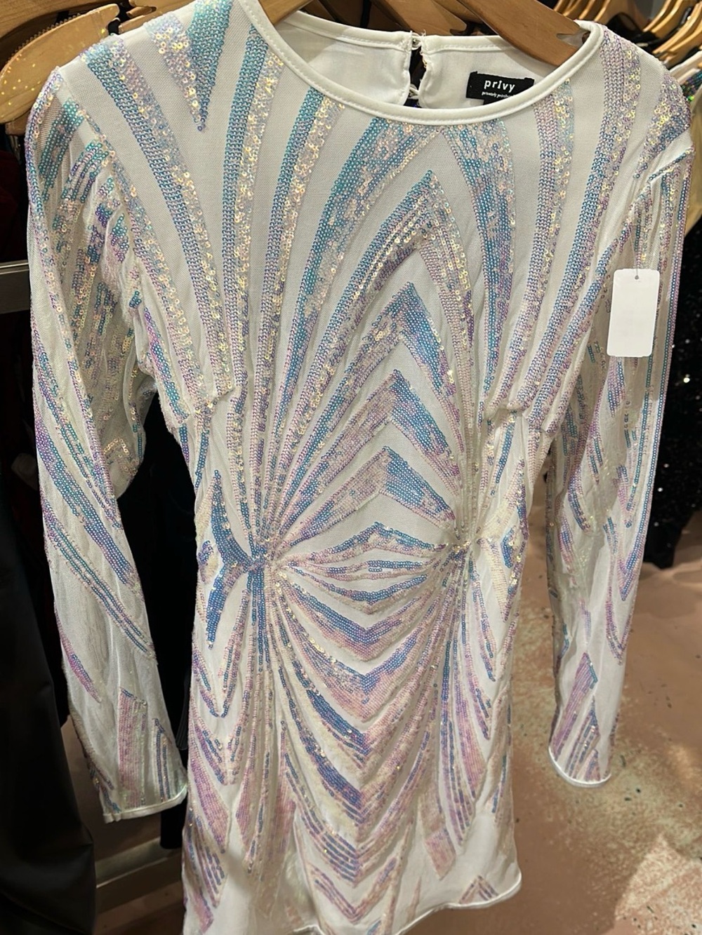 privy White Iridescent Sequin Long Sleeve Top
